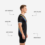 White V-neck collar and contrast cuff trim detail on custom black soccer training jersey