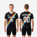 Custom black soccer training jersey available in youth and adult sizes YS through 3XL with rainbow print