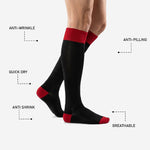 Custom black and red soccer socks calf panel view showing lightweight knit and red toe cap