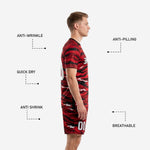 Custom black and red sublimated soccer jersey detail showing tiger camo pattern and white chest lettering