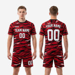 Custom black and red soccer uniform shorts detail with tiger camo pattern and player number on left leg