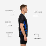 Royal Blue contrast trim on sleeve cuff of custom black and white training jersey, side view detail shot