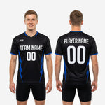 V-neckline with Royal Blue contrast trim on custom black soccer training jersey, collar detail from side angle