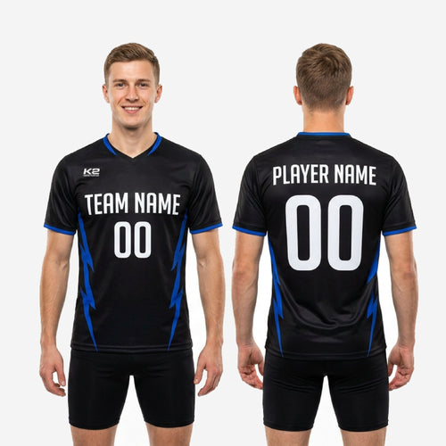 V-neckline with Royal Blue contrast trim on custom black soccer training jersey, collar detail from side angle