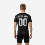 Black and silver mens soccer practice jersey showing breathable mesh contrast side panel construction detail