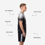 Custom black soccer shorts with full-length iridescent silver side stripe matching gradient jersey kit
