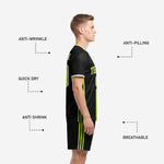 Custom black soccer shorts with lime green triple side stripe, part of 2-piece all black soccer uniform set