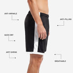 Custom black soccer shorts white contrast hem band wrapping the leg opening, match cut length above knee