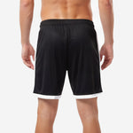 Custom black soccer shorts wide elastic waistband with ribbed texture detail, matchday fit on male model