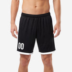Custom black soccer shorts with white contrast side panels and white block player number 00 on left leg, front view on male model
