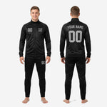 Geometric diamond-check sublimation pattern detail on custom black soccer tracksuit jacket body, showing tonal texture across the jet black performance polyester fabric