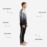 Custom black soccer tracksuit pants with silver double stripe trim on tapered leg