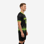 Black soccer training jersey with lime green trim and soundwave print, left side view showing sleeve cuff detail