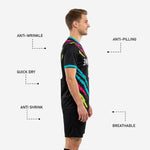 V-neck collar and sleeve cuff turquoise contrast trim on custom black soccer training jersey for club squads