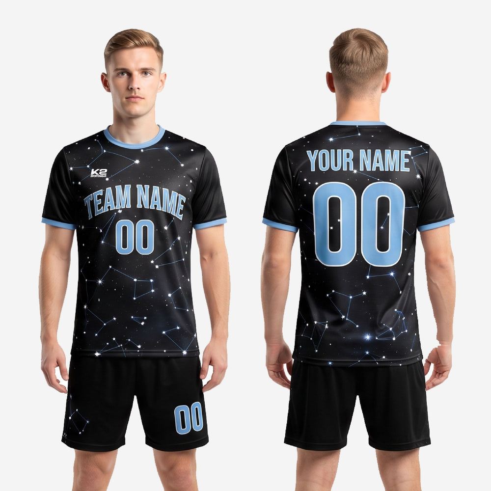 Custom Black Soccer Uniforms - Full Squad Black and Blue Kit