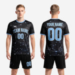 Custom black soccer uniforms constellation full kit back view showing player name and number print zones