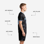 Detail view of custom black soccer uniform matching shorts with constellation graphic and powder blue player number