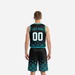 Back view of custom black and teal men's basketball uniform sets showing player name and back number placement on sublimated jersey
