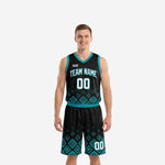 Custom men's basketball uniform sets in black and teal with Aztec diamond pattern, arced team name on chest, number front and shorts leg