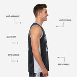 Back view of custom charcoal basketball jersey showing back number and player name placement with white contrast trim