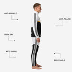 Custom black and white soccer tracksuit jacket front detail showing stand collar, full-length zip, Athletic Gold band, and white chest crest zone