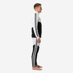 Custom black and white soccer tracksuit side profile showing white upper body, black lower body, and three-stripe sleeve detail on adult male model