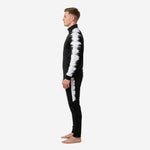 Custom black and white soccer tracksuit right side view displaying full sleeve panel and tapered pant leg
