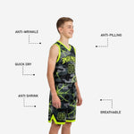 Back view of black youth basketball uniform showing large player name and number on sublimated camo jersey