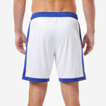 Custom blue and white soccer shorts back view showing Royal Blue waistband, side panels, and white body on adult male model