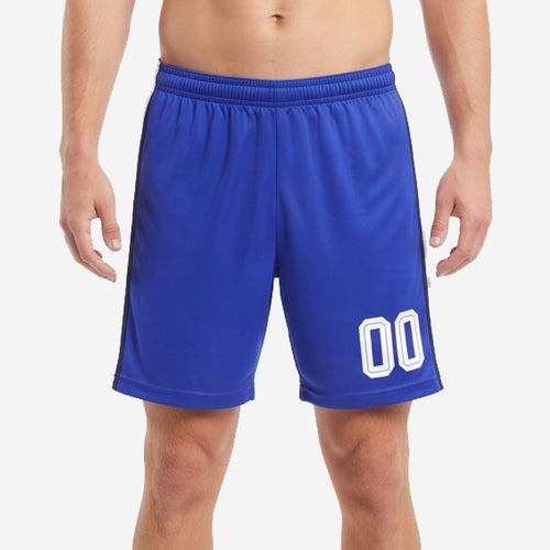 Custom blue and white soccer shorts front view showing Royal Blue body and white player number 00 on left leg