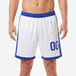 Custom blue and white soccer shorts front view with Royal Blue waistband, side panels, player number 00, and straight hem trim on adult male model