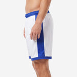 Custom blue and white soccer shorts side view showing Royal Blue hem band and breathable mesh polyester construction