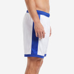 Custom blue and white soccer shorts side panel detail showing Royal Blue contrast strip running full length from waist to hem