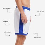 Custom blue and white soccer shorts waistband close-up showing Royal Blue elastic mesh band and internal drawcord
