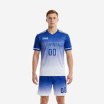 Front view of custom blue and white soccer uniforms with Royal Blue to white gradient jersey and matching shorts