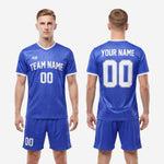 Close detail of custom blue and white soccer uniform showing white contrast trim at V-neck collar and sleeve cuffs