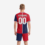 Custom blue and white soccer uniforms Navy Blue and Red colorblock back view showing surname and number print zones