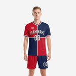 Custom blue and white soccer uniforms in Navy Blue and Red vertical colorblock split, front view, full kit with jersey and shorts