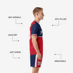 Custom blue and white soccer uniforms Navy Blue and Red jersey V-neck collar with white contrast trim detail