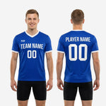 Detail side view of a custom royal blue and white soccer training jersey showing V-neck neckline trim and short sleeve cuff band