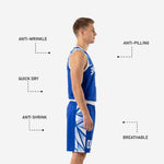 Back view of custom blue basketball uniform showing player name and back number in white block lettering on royal blue jersey