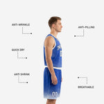 Back view of custom blue basketball uniforms displaying player name and back number placement on royal blue sublimated jersey