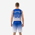Back view of custom blue basketball uniforms displaying back name and number placement on the sublimated gradient jersey