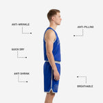 Back view of custom blue basketball uniforms showing back name and number placement on royal blue sublimated jersey with matching shorts