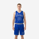 Custom blue basketball uniforms full set showing royal blue sleeveless jersey with silver-grey trim and matching shorts with arced team name and number 00