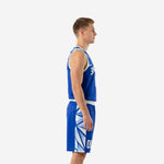 Adult male wearing custom blue basketball uniforms with white V-neck binding, team name arced across chest and number 00 on royal blue jersey
