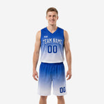 Custom blue basketball uniforms in royal-blue-to-white gradient, front view showing arced team name and number 00 on jersey and shorts