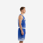 Front view of custom royal blue basketball uniform showing white V-neck binding, radiating burst graphic, arced team name and front number 00 on jersey