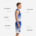 Full set view of custom blue basketball uniform including gradient sleeveless jersey and matching royal blue to white shorts