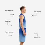 Back view of custom blue basketball uniforms with player name and number printed on the gradient sublimated jersey